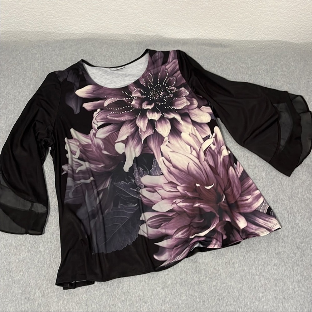 Catherines Dark Floral Top Shirt Plus Size 2X Stretch Longsleeve Artsy Moody